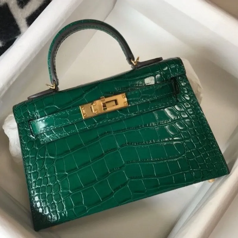 Kelly Mini II Bag In Green Embossed Crocodile Calfskin