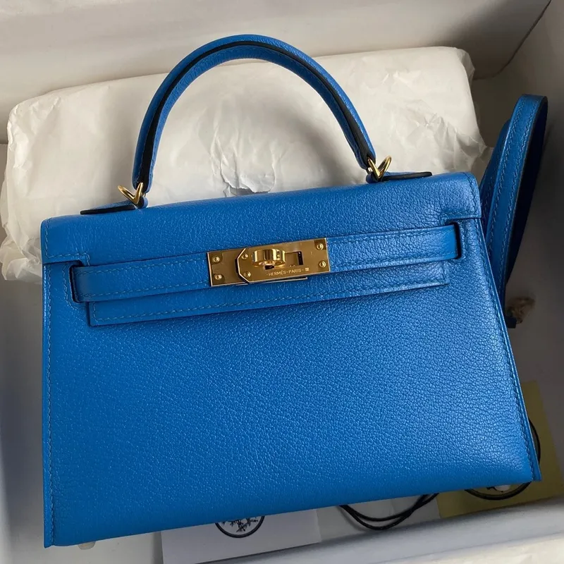 Kelly Mini II Sellier Handmade Bag In Blue Hydra Chevre Mysore Leather