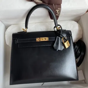 Kelly Sellier 25 Handmade Bag In Black Box Calfskin