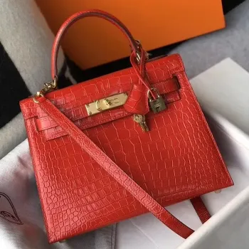 Kelly 28cm Bag In Red Embossed Crocodile GHW