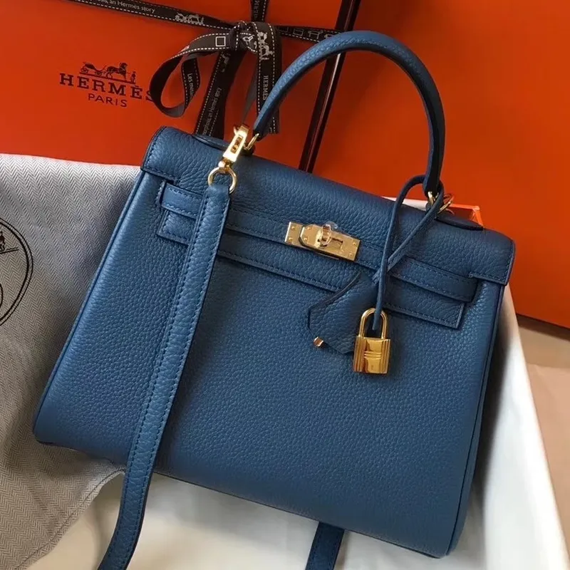 Kelly 25cm Retourne Bag In Agate Blue Clemence Leather
