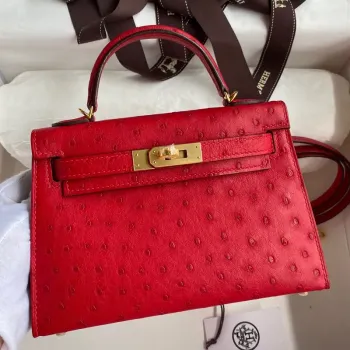 Kelly Mini II Sellier Handmade Bag In Red Ostrich Leather