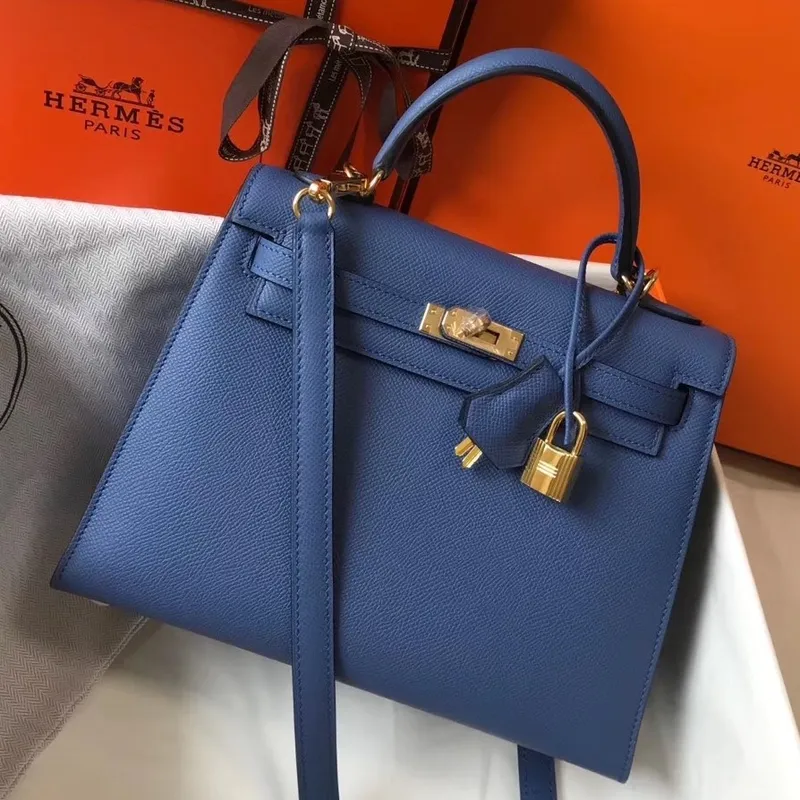 Kelly 25cm Sellier Bag In Agate Blue Epsom Leather