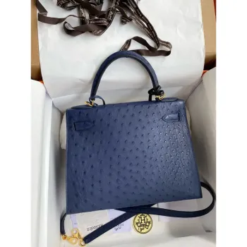 Kelly Sellier 28 Handmade Bag In Blue Iris Ostrich Leather