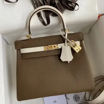 Kelly Retourne 25 Bicolor Bag in Taupe and Craie Clemence Calfskin