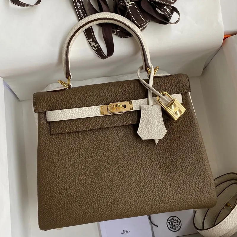 Kelly Retourne 25 Bicolor Bag in Taupe and Craie Clemence Calfskin