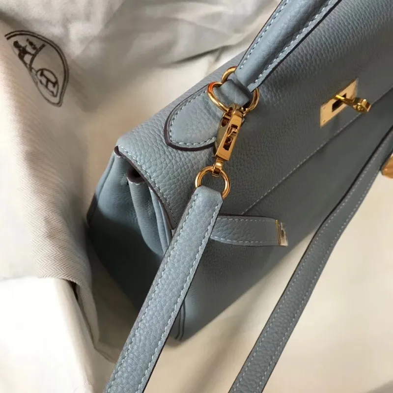 Hermes Blue Lin Clemence Kelly 25cm GHW Bag