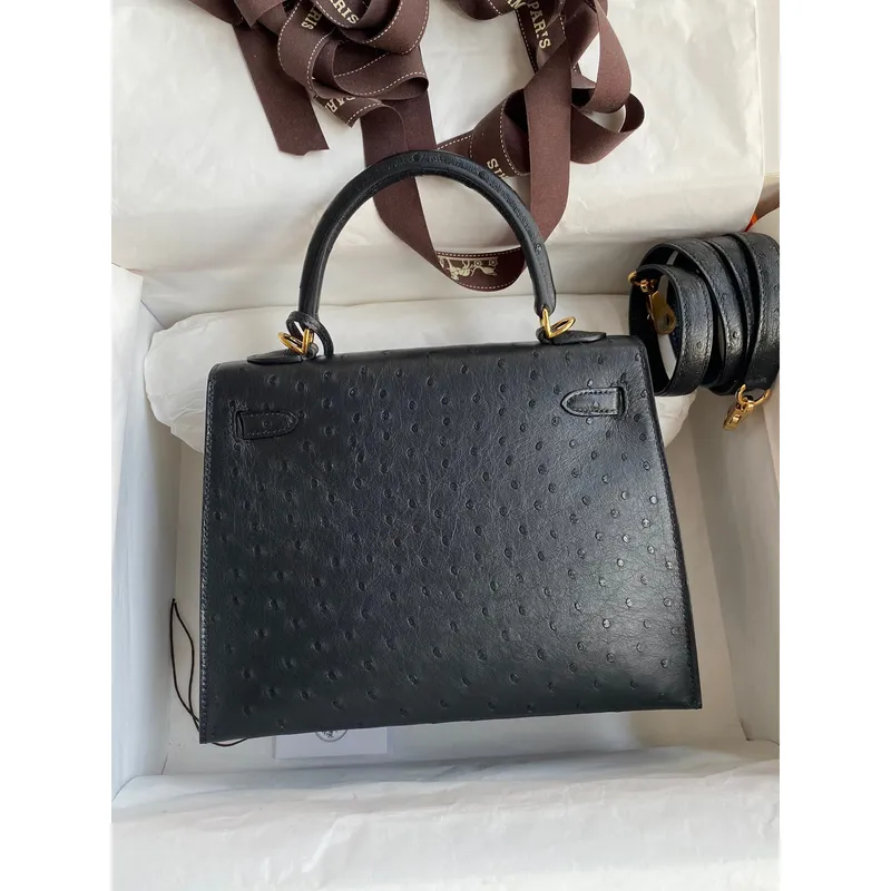 Kelly Sellier 25 Handmade Bag In Black Ostrich Leather
