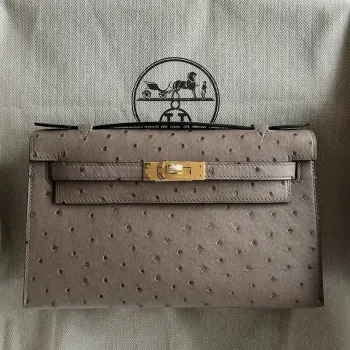 Kelly Pochette Handmade Bag in Gris Tourterelle Ostrich Leather