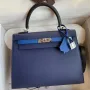 Kelly Sellier 25 Bicolor Bag in Blue Saphir and Blue France Epsom Calfskin