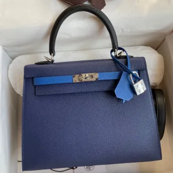 Kelly Sellier 25 Bicolor Bag in Blue Saphir and Blue France Epsom Calfskin