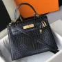 Kelly 28cm Bag In Black Embossed Crocodile GHW