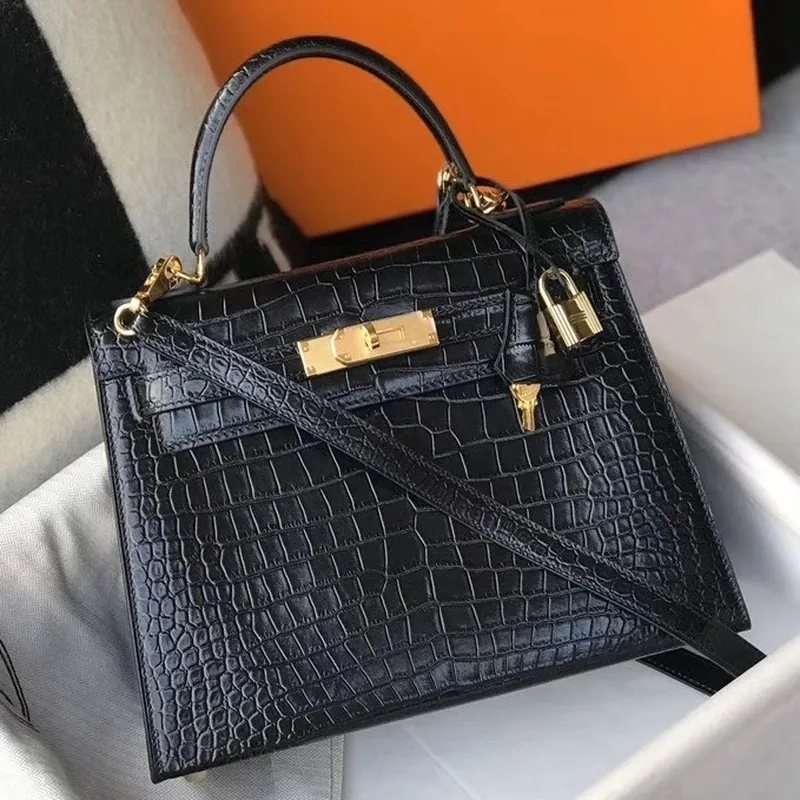 Kelly 28cm Bag In Black Embossed Crocodile GHW