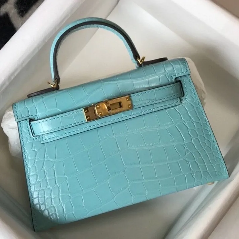 Kelly Mini II Bag In Blue Atoll Embossed Crocodile Calfskin