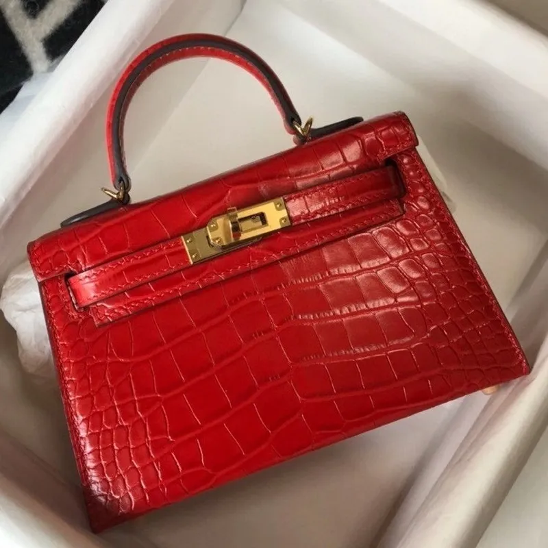 Kelly Mini II Bag In Red Embossed Crocodile Calfskin