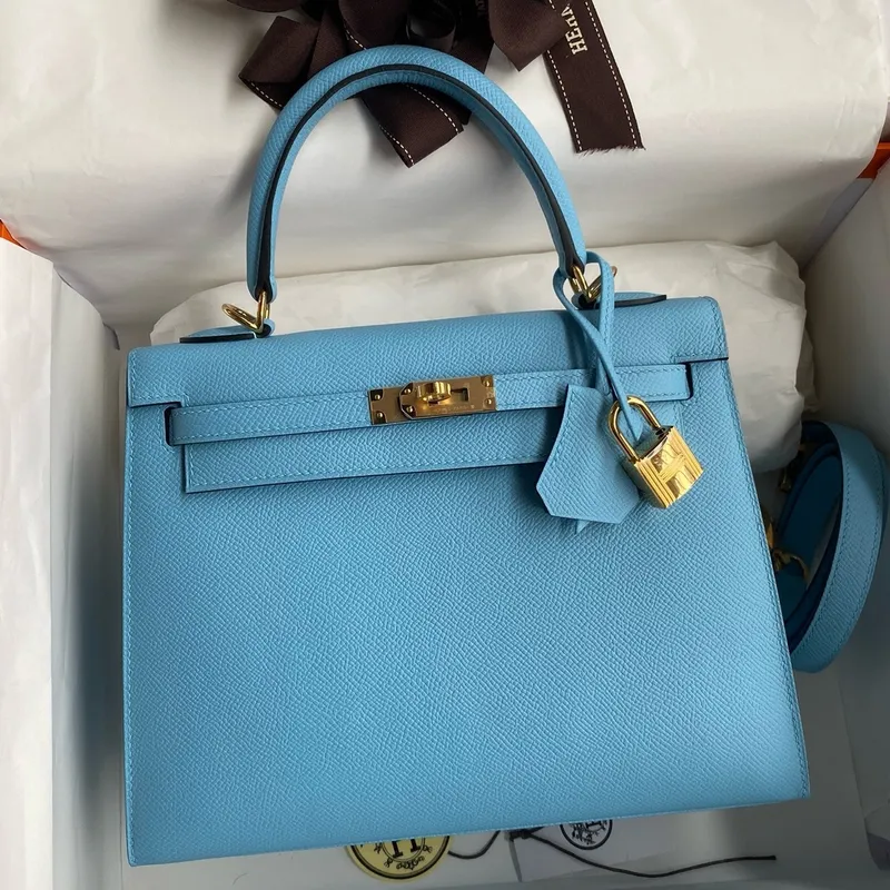 Kelly Sellier 25 Handmade Bag In Blue Candy Epsom Calfskin