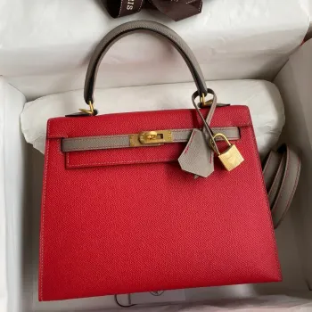 Kelly Sellier 25 Bicolor Bag in Red and Etain Epsom Calfskin