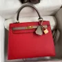 Kelly Sellier 25 Bicolor Bag in Red and Etain Epsom Calfskin