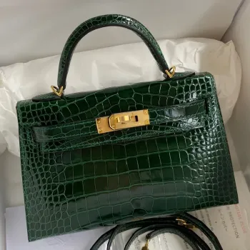 Kelly Mini II Sellier Handmade Bag In Malachite Shiny Alligator Leather