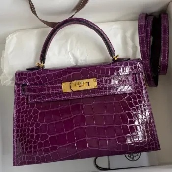 Kelly Mini II Sellier Handmade Bag In Purple Shiny Alligator Leather