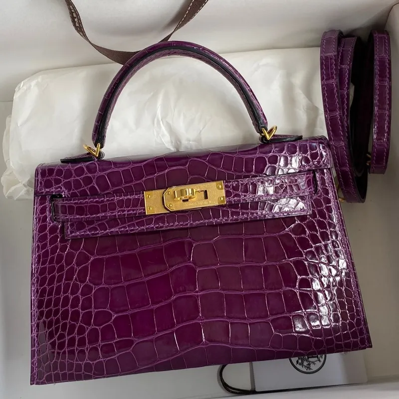 Kelly Mini II Sellier Handmade Bag In Purple Shiny Alligator Leather