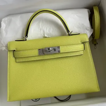 Kelly Mini II Sellier Handmade Bag In Jaune Bourgeon Chevre Mysore Leather