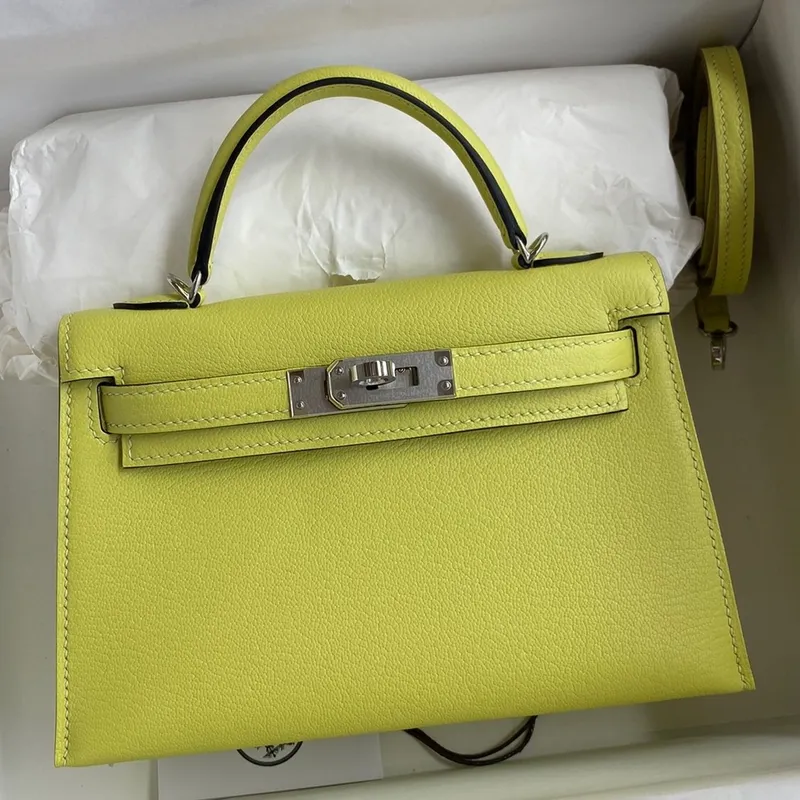 Kelly Mini II Sellier Handmade Bag In Jaune Bourgeon Chevre Mysore Leather