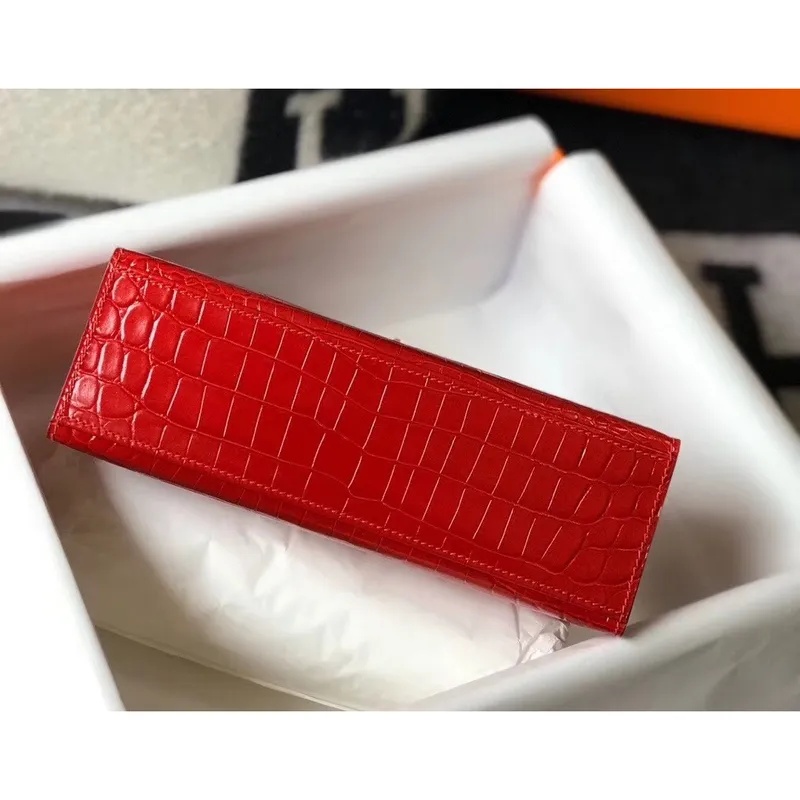 Kelly Pochette Bag In Red Embossed Crocodile Leather