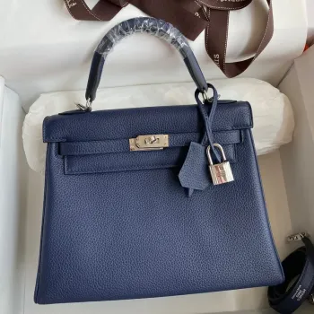 Kelly Retourne 25 Handmade Bag In Blue Saphir Clemence Leather