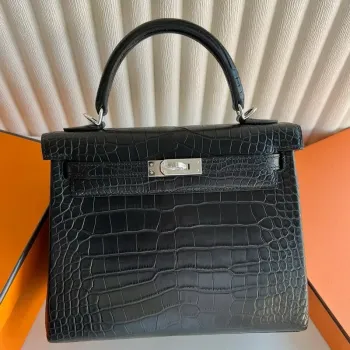 Kelly 25 Retourne Handmade Bag in Black Alligator Leather