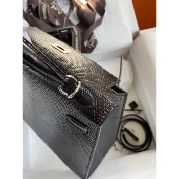 Kelly Sellier 25 Handmade Bag In Black Lizard Leather