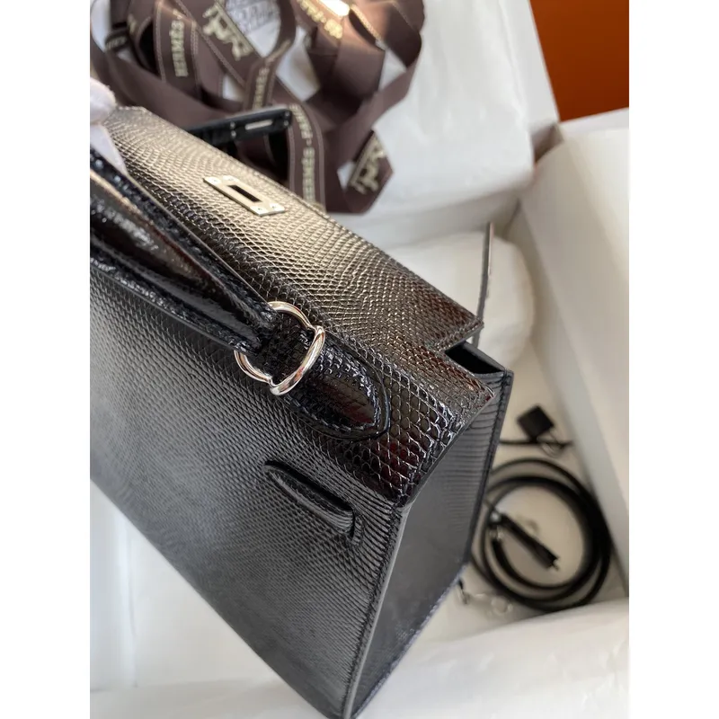 Kelly Sellier 25 Handmade Bag In Black Lizard Leather