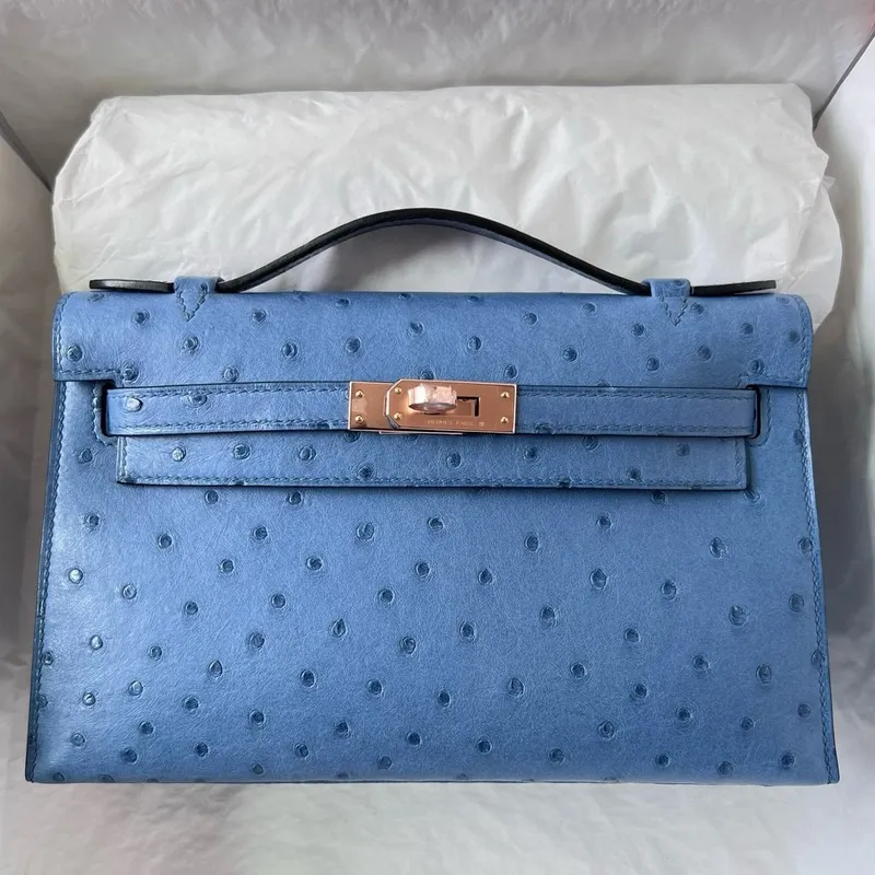 Kelly Pochette Handmade Bag in Mykonos Ostrich Leather