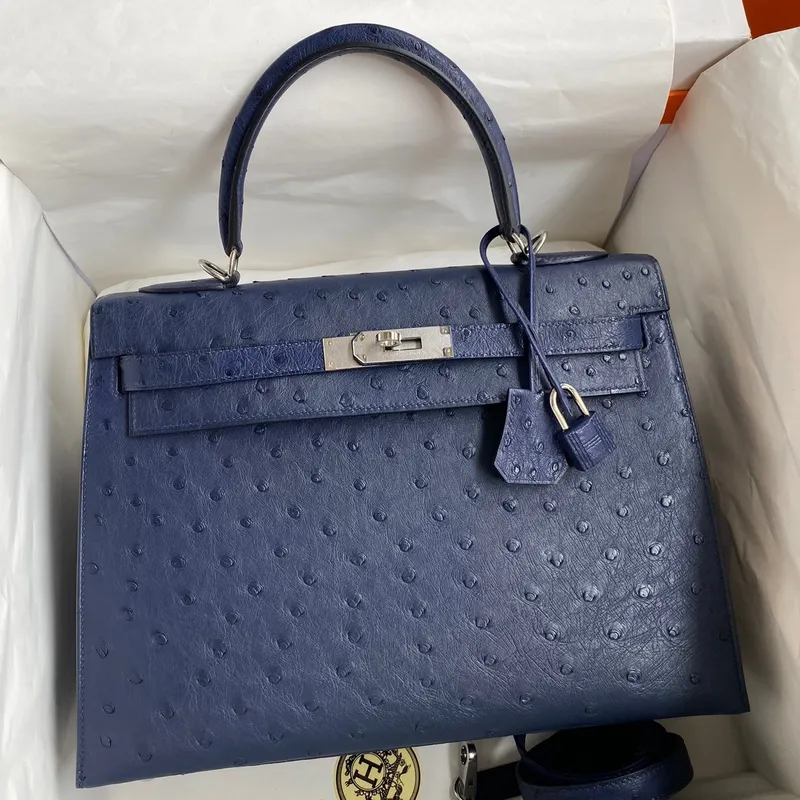 Kelly Sellier 32 Handmade Bag In Blue Iris Ostrich Leather