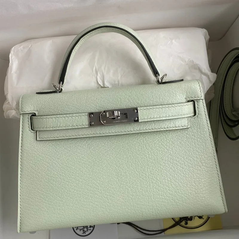 Kelly Mini II Sellier Handmade Bag In Vert Fizz Chevre Mysore Leather