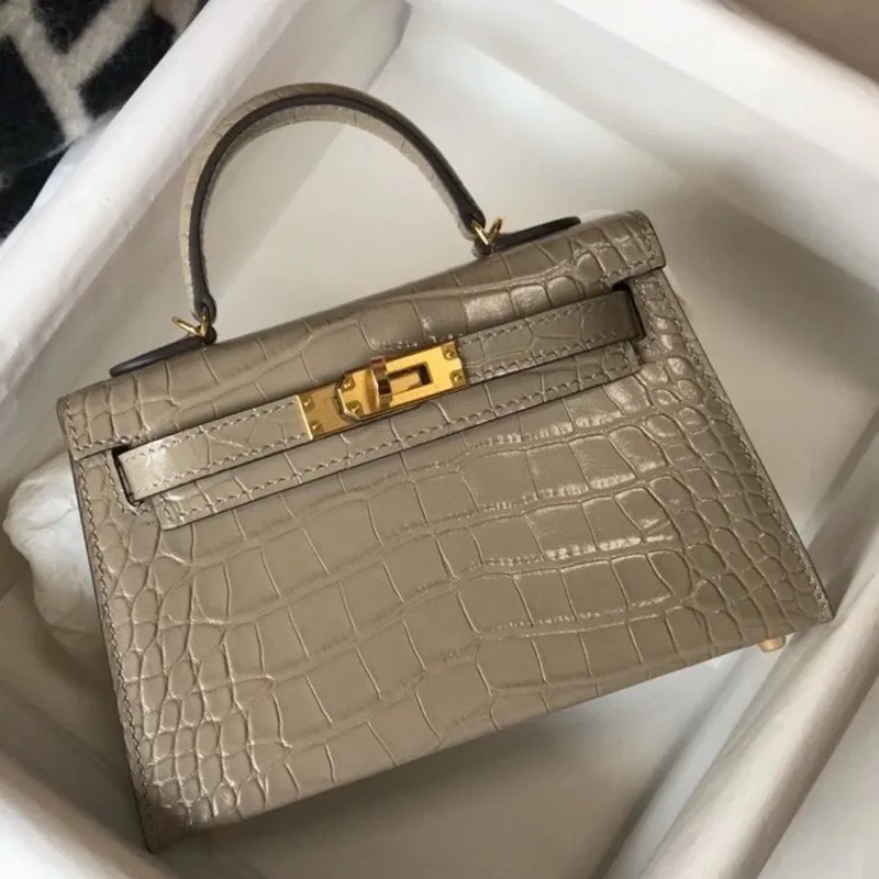Kelly Mini II Bag In Taupe Embossed Crocodile Calfskin