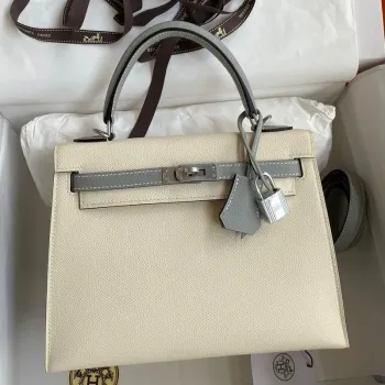 Kelly Sellier 25 Bicolor Bag in Craie and Gris Mouette Epsom Calfskin