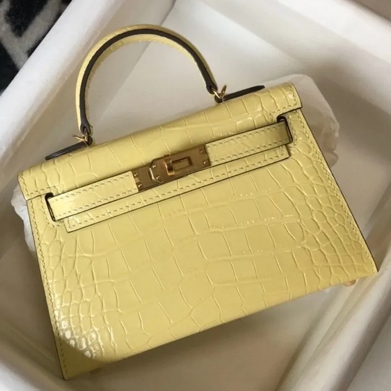 Kelly Mini II Bag In Jaune Poussin Embossed Crocodile Calfskin