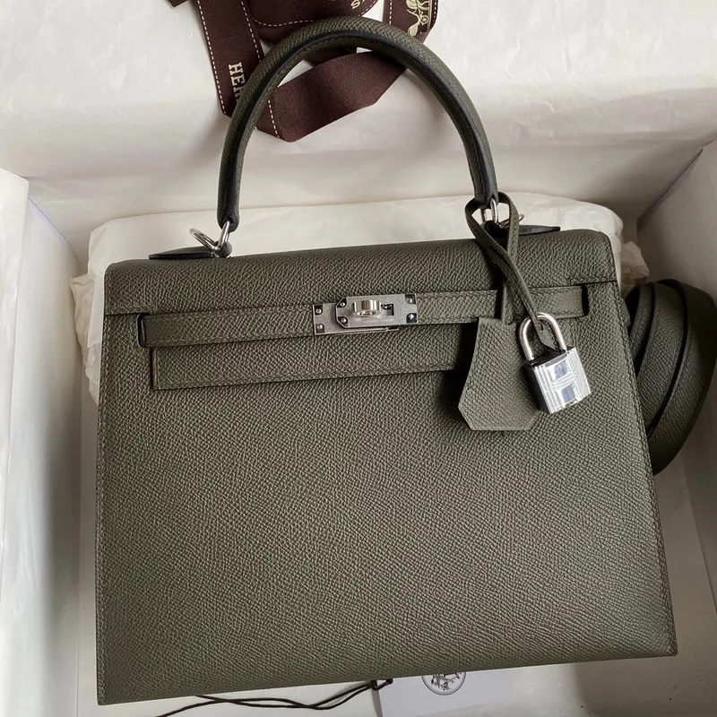 Kelly Sellier 25 Handmade Bag In Vert De Gris Epsom Calfskin