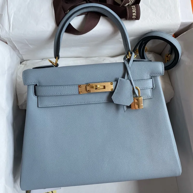 Kelly Retourne 28 Handmade Bag in Blue Lin Evercolor Calfskin