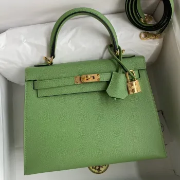 Kelly Sellier 25 Handmade Bag In Vert Criquet Epsom Calfskin