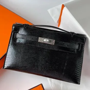 Kelly Pochette Handmade Bag In Black Lizard Skin