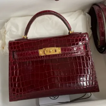 Kelly Mini II Sellier Handmade Bag in Bordeaux Shiny Alligator Leather