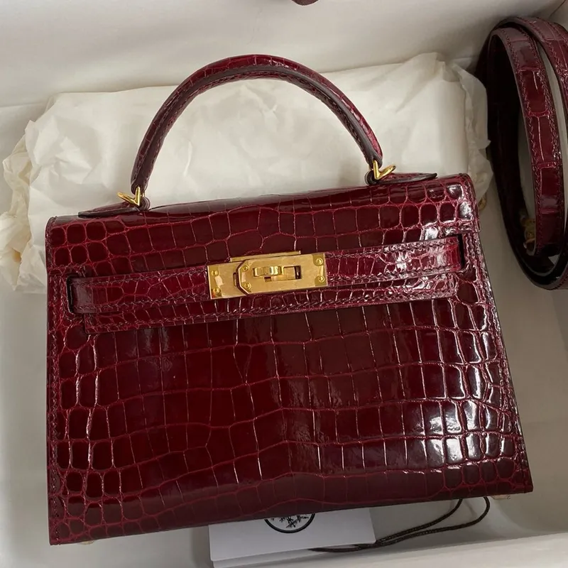 Kelly Mini II Sellier Handmade Bag in Bordeaux Shiny Alligator Leather