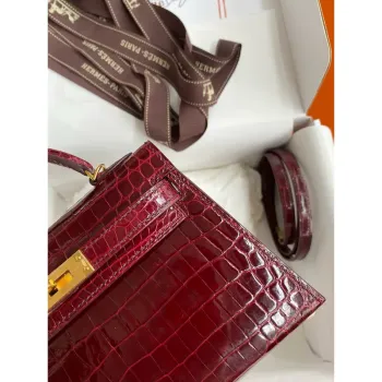 Kelly Mini II Sellier Handmade Bag in Bordeaux Shiny Alligator Leather