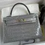 Kelly Mini II Sellier Handmade Bag in Gris Ciment Shiny Alligator Leather