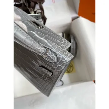 Kelly Mini II Sellier Handmade Bag in Gris Ciment Shiny Alligator Leather