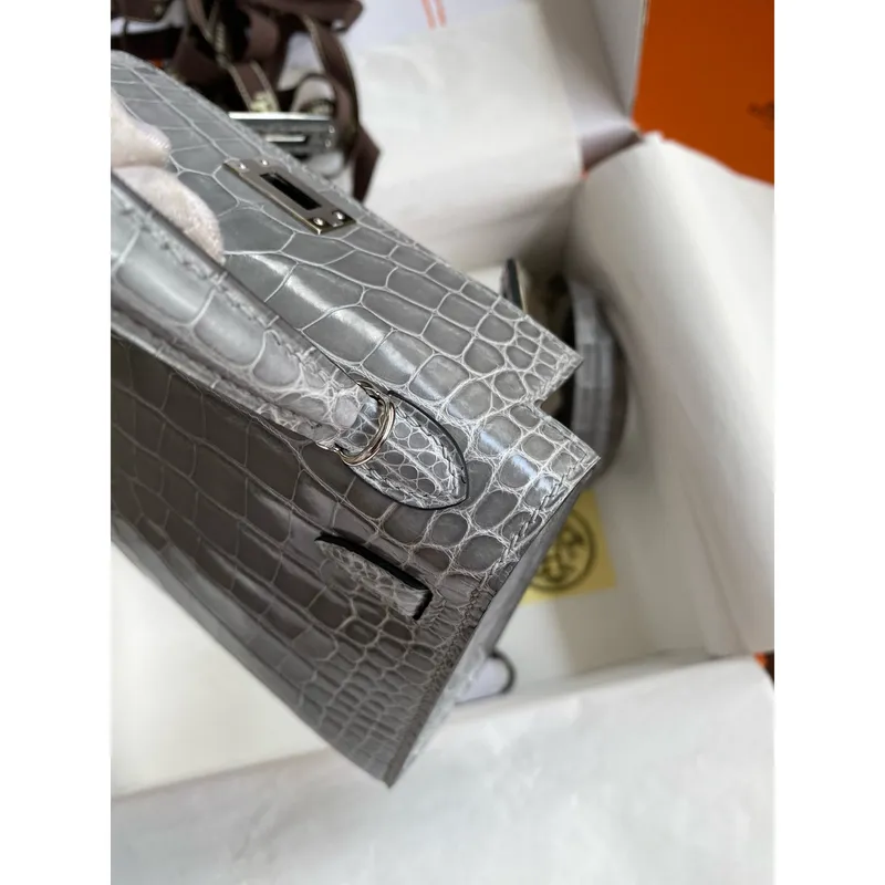 Kelly Mini II Sellier Handmade Bag in Gris Ciment Shiny Alligator Leather