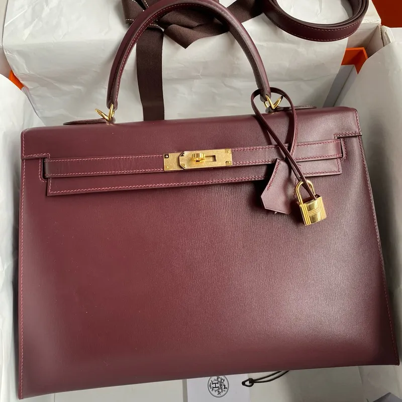 Kelly Sellier 35 Handmade Bag In Bordeaux Box Calfskin