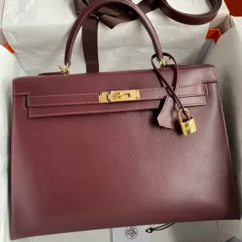 Kelly Sellier 35 Handmade Bag In Bordeaux Box Calfskin